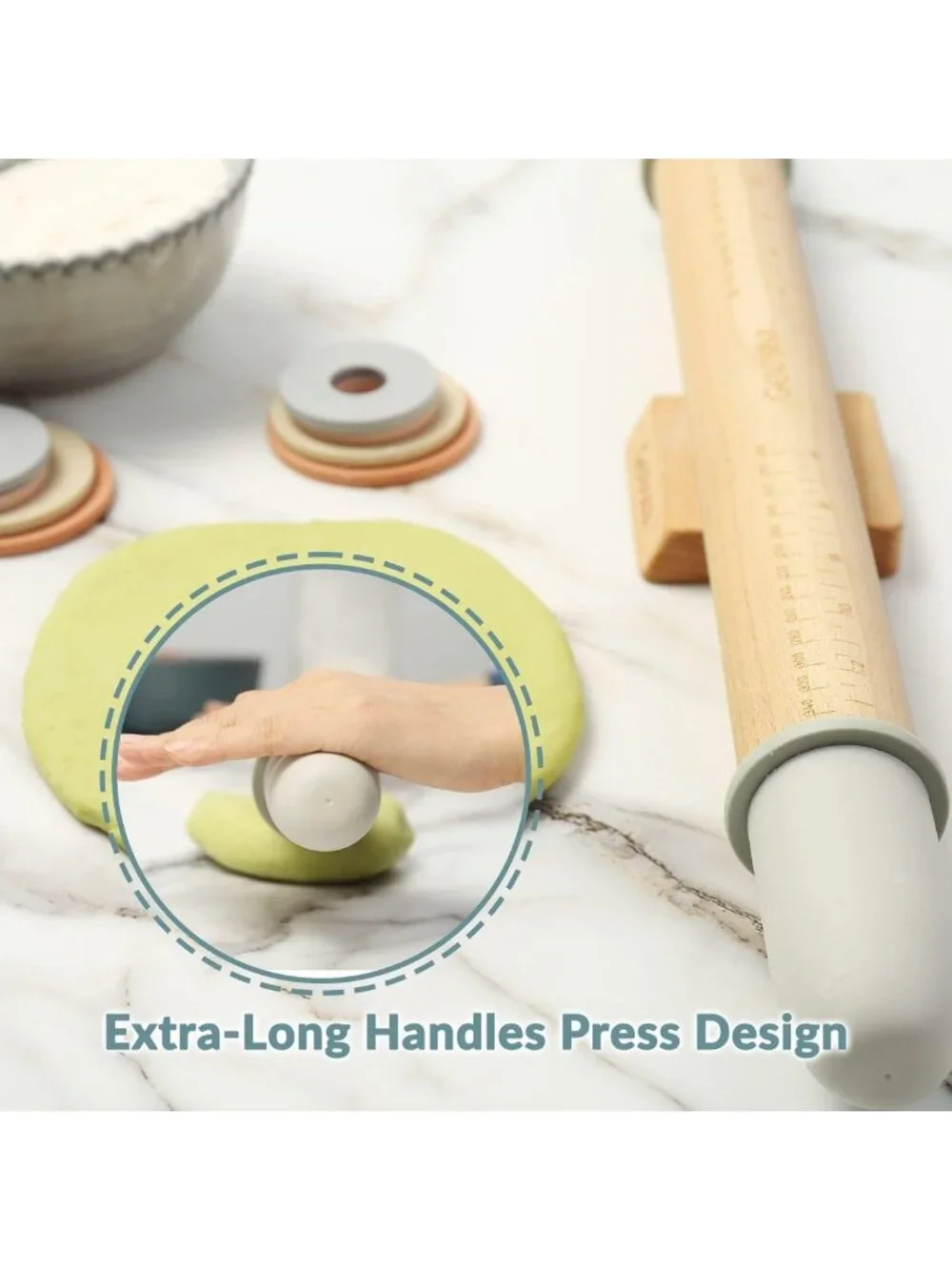 Adjustable Rolling Pin with 5 Thickness Rings & Measurement Guide for Baking